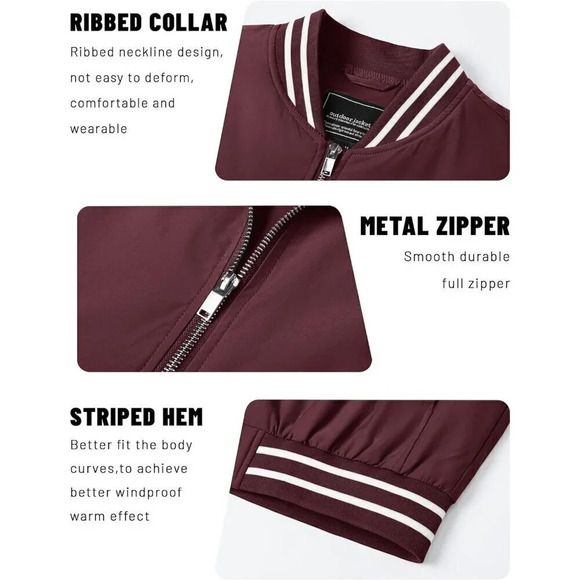 ❤️Men's Bomber Jacket Lightweight Casual Spring Fall Windbreaker Zip Up Coat-Red - Picture 5 of 8